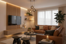 Brown Leather Sofa Living Room Design with Wooden TV Unit