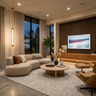 Curved Cream Sofa in Living Room Design with Leather Chair