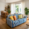 Blue Striped Sofa in Living Room Design with Jute Rug