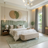 Master Bedroom Design with Green Bed and Bouclé Bed-End Bench
