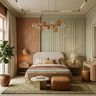 Master Bedroom Design with Cane King Bed and Green Wainscoting Wall