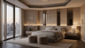 Master Bedroom Design with Platform Bed and Twin Round Footstool Ottomans
