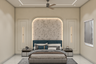 Teal Master Bedroom Design with Arched Wallpaper and White Fluted TV Wall