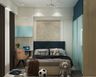 Master Bedroom Design with Navy Headboard Bed and Integrated Study Desk