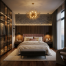Master Bedroom Design with Blush Headboard and Industrial Stone Feature Wall