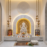 Pooja Room Design with Marble Arch Niche and Carved Plaster Wall Medallion