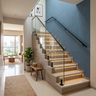 Straight Stone Staircase Design with Glass Railing and Step Lighting