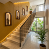 Straight Marble Staircase Design with Illuminated Arched Display Niches