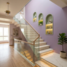 U-Shaped Marble Staircase Design with Glass Railing and Wooden Handrail
