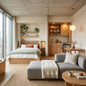 Space Saving Studio Layout with Privacy Curtain