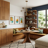 Corner Space Saving Dining Room Design with Underseat Storage Drawers and Wall Bookshelf