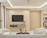 Pumic Grey TV Unit Design with Floating Console and Decorative Moulding