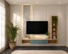 Blue and Wood TV Unit Design with Marble Backboard and Shelving