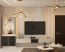White TV Unit Design with Glossy Storage and Gold Detailing