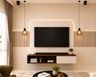 White TV Unit Design with Wood Slats and Pendant Lighting