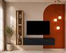 Blue TV Unit Design with Terracotta Arch and Glass Cabinet