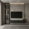 Charcoal TV Unit Design with Floating Console and Tall Open Display Shelves