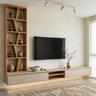 Cambric TV Unit Design with Walnut Bronze Cabinets and Asymmetrical Shelving