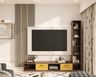 Wood TV Unit Design with Tall Bookshelf and Fluted Wall Panel