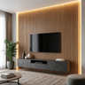 Charcoal TV Unit Design with Floating Console and Warm Wooden Slat Wall
