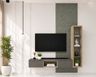 Grey TV Unit Design with Glass Cabinet and Fluted Panel