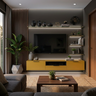 Mustard TV Unit Design with Floating Console and Illuminated Display Niches