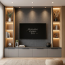 Dove Grey TV Unit Design with Acacia Display Towers and Floating Cabinet