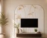 Walnut Floating TV Unit Design with Gold Lotus Arch