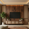 Walnut TV Wall Design with Cane Side Panels and Low Console