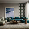 Grey Textured Accent Wall Design with Dark Green Arched Shelving