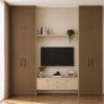 Tan Swing Wardrobe Design with Built-in TV Unit and Shelves