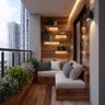 Contemporary Balcony Design with Wooden Accent Wall and LED Shelves
