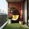 Contemporary Balcony Design with Brick Wall and Yellow Egg Chair