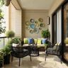 Contemporary Balcony Design with Rattan Seating and Decorative Wall Plates