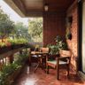 Rustic Balcony Design with Brick Wall and Wooden Seating