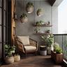 Modern Balcony Design with Textured Grey Wall and Wooden Shelves
