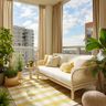 Coastal Balcony Design with White Rattan Seating and Yellow Checkered Rug