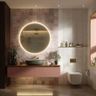 Multicolor and White Modern Bathroom Design with Floating Vanity and Round Mirror