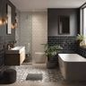Modern Bathroom Design with Black and White Tiles and Rectangular Mirror