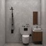 Modern Grey Bathroom Design with Floating Wood Vanity and Rectangle Mirror