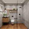 Industrial Bathroom Design with Grey Tiles and Wood Vanity