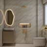 Modern Bathroom Design with Beige Tiles and Sculptural Oval Mirror