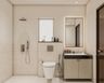 Modern Bathroom Design with Beige Tiles Floating Vanity and Granite Counter