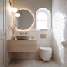 White Modern Bathroom Design with Round LED Mirror and Storage Vanity