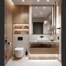 Off-Whiite Scandinavian Bathroom Design with Floating Vanity and Open Shelf Storage