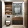 Modern Grey Bathroom Design with Wooden Vanity and Oval Mirror