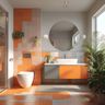 Orange Contemporary Bathroom Design with Floating Vanity and Round Mirror