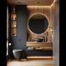 Industrial Bathroom Design with Floating Wood Vanity and Round Mirror