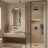 Modern Bathroom Design with Glass Shower Partition and Curved Mirror