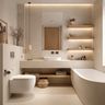 Minimal Beige Bathroom Design with Floating Vanity and Display Shelves